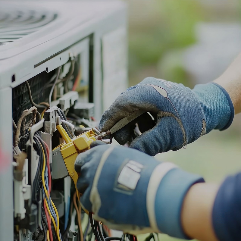 Mains gantées effectuant la réparation d'un climatiseur extérieur avec un outil jaune connectant des fils électriques.