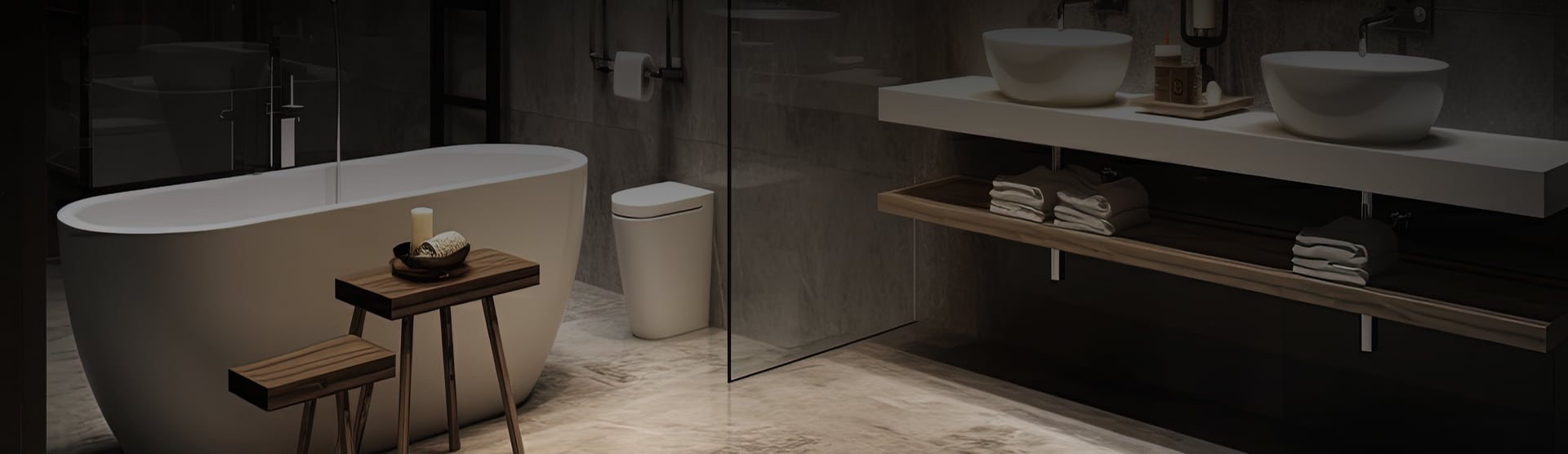 Salle de bain moderne et sombre avec baignoire îlot, toilettes futuristes, et double vasque sur étagères flottantes.