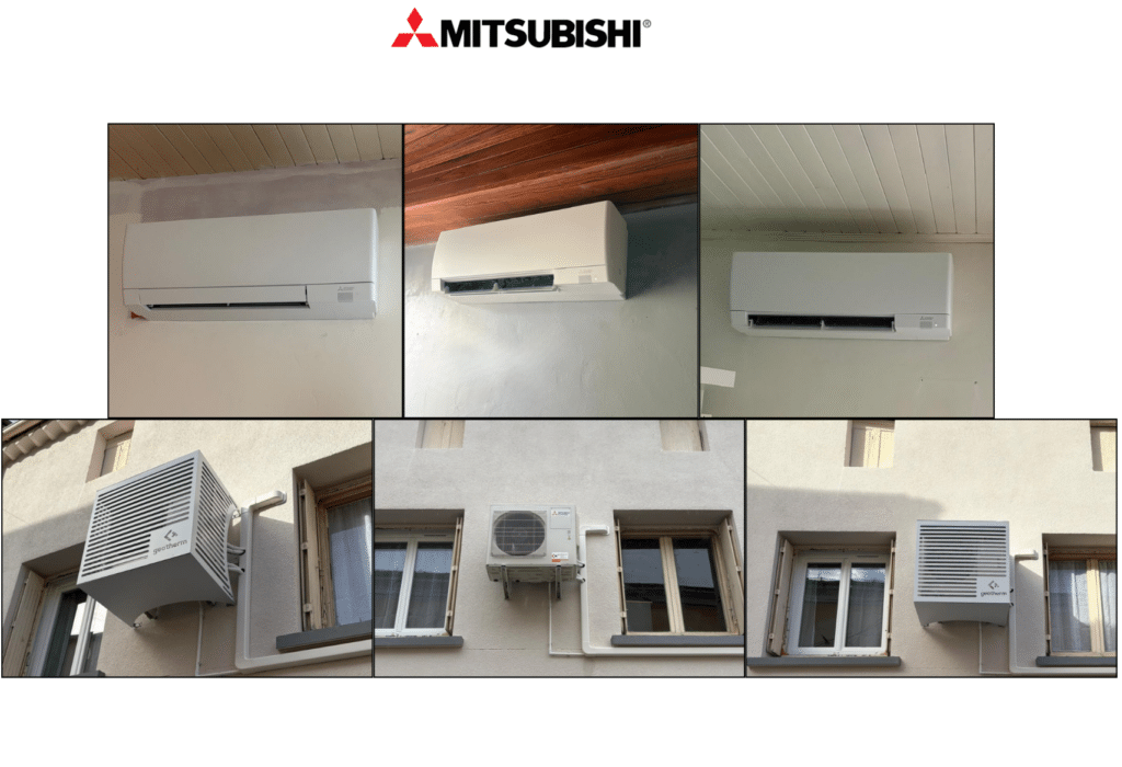 Climatiseurs Mitsubishi : pose d'unités murales intérieures et d'unités extérieures avec caches Geotherm.