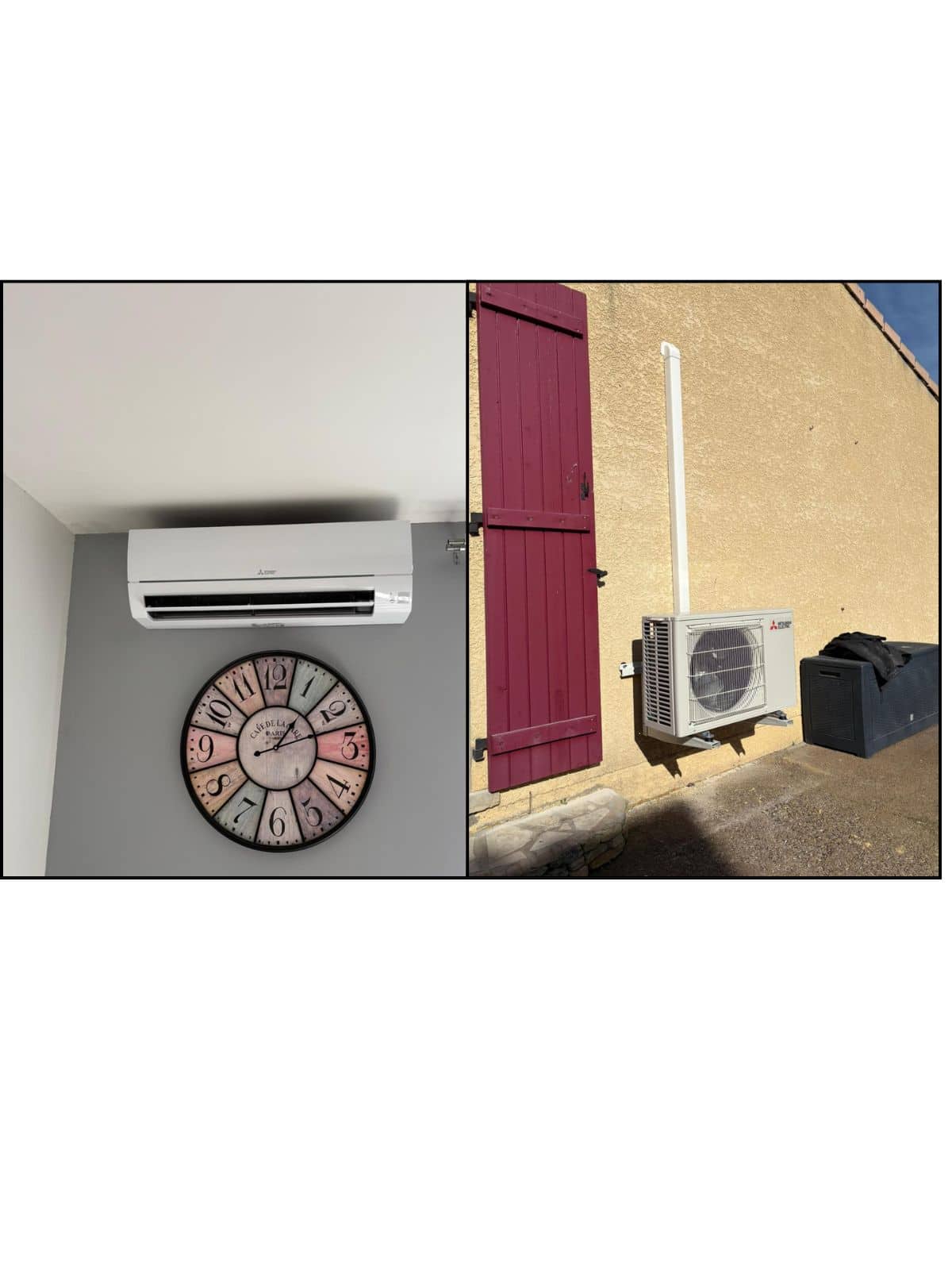 Climatiseur Mitsubishi : l’installation vue de l’intérieur et de l’extérieur. Climatisation Mitsubishi Electric, vue double : unité intérieure au-dessus d'une horloge sur mur gris, et unité extérieure sur façade extérieure jaune.