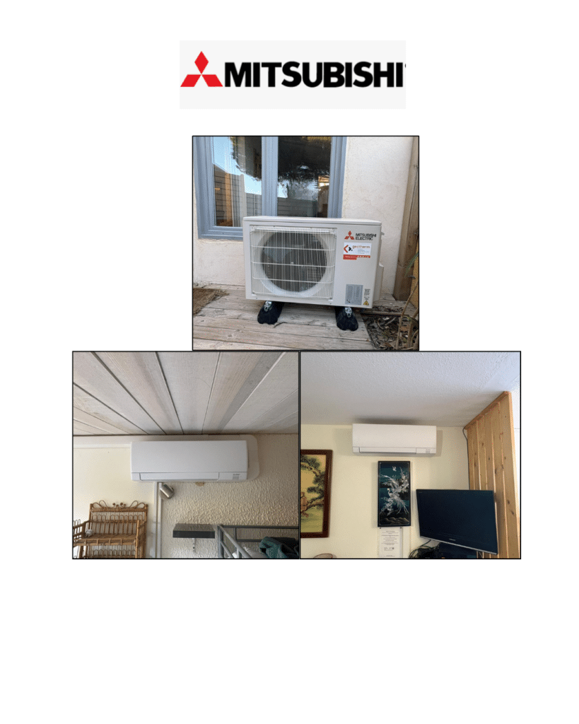 Installation Mitsubishi Electric : unité extérieure sur deck et unités intérieures murales blanches.