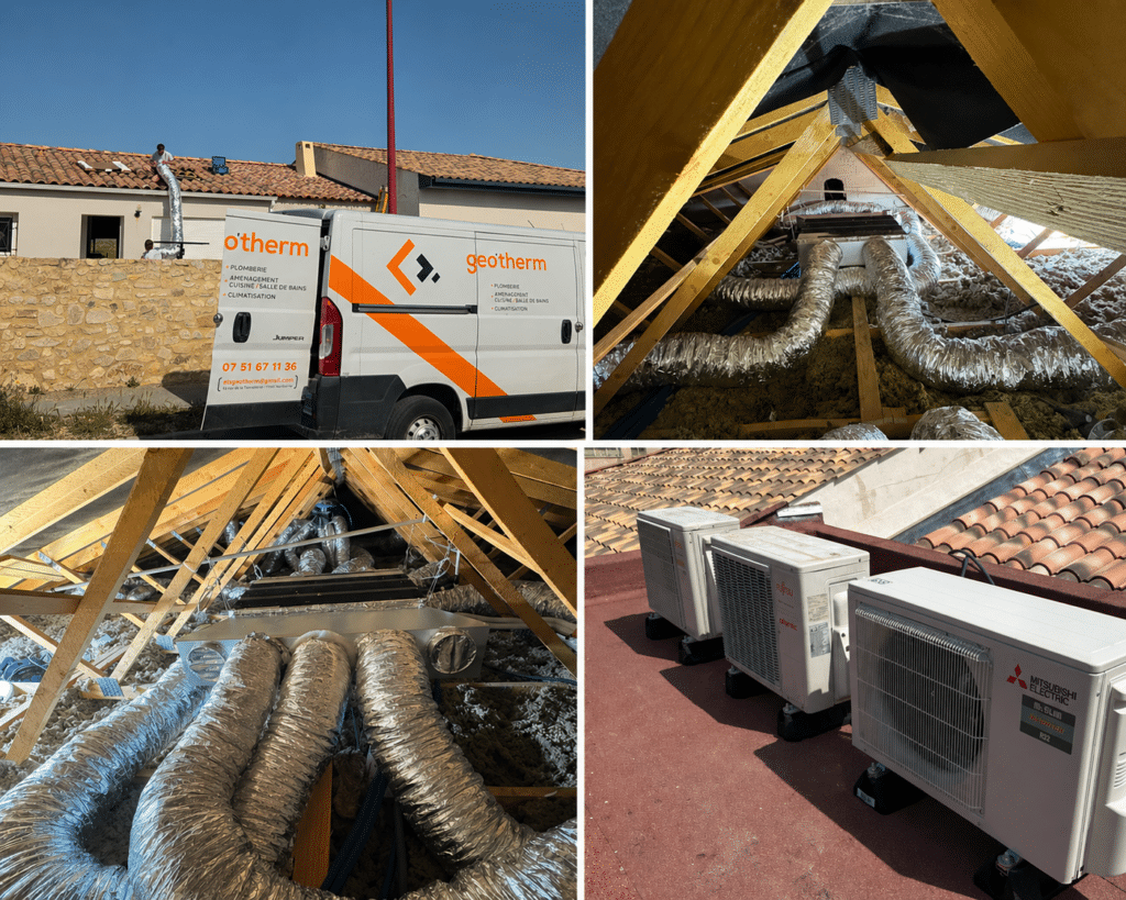 Installation clim gainable Geo'therm : gaines en combles et compresseurs Mitsubishi et Fujitsu sur le toit.