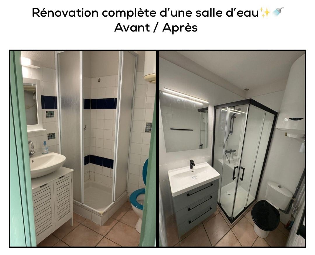 Rénovation Salle d’Eau : Avant/Après Transformation Moderne Rénovation complète d'une salle d'eau Avant/Après : passage d'un style daté à un design moderne avec douche noire.
