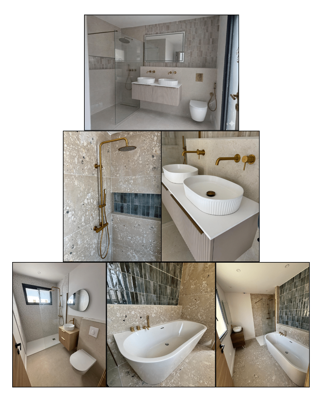 Design salle de bain chic : robinetterie dorée et terrazzo Salles de bains modernes : robinetterie dorée, double vasque, baignoire îlot et carrelage terrazzo avec accents bleus.