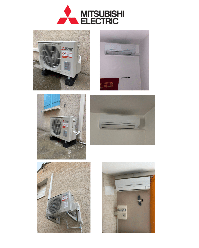 Installation Mitsubishi Electric : unités intérieures et extérieures Geotherm sur façades résidentielles.