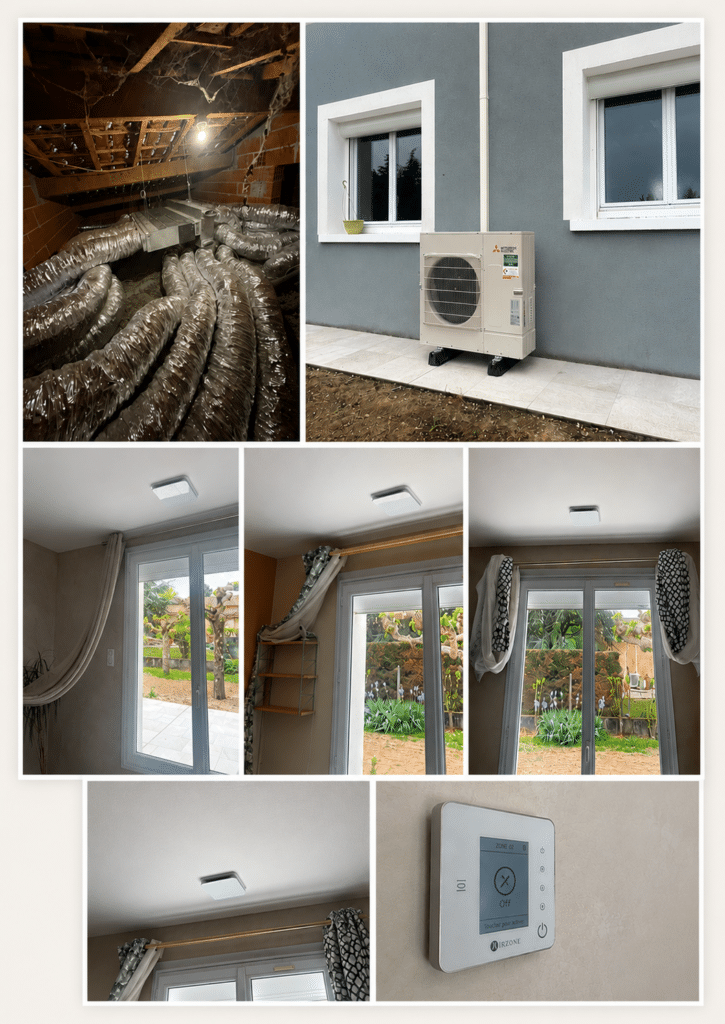 Installation de climatisation gainable Mitsubishi Electric avec régulation Airzone, bouches de soufflage et unité extérieure