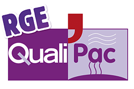 Logo RGE Quali Pac : Certification Pompe à Chaleur Logo RGE Quali Pac violet et rouge avec ondes thermiques, label de certification pour pompes à chaleur.