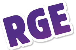 Certification RGE : Logo Violet Rénovation Énergétique Logo RGE violet aux lettres arrondies et inclinées avec contour blanc et ombre portée.