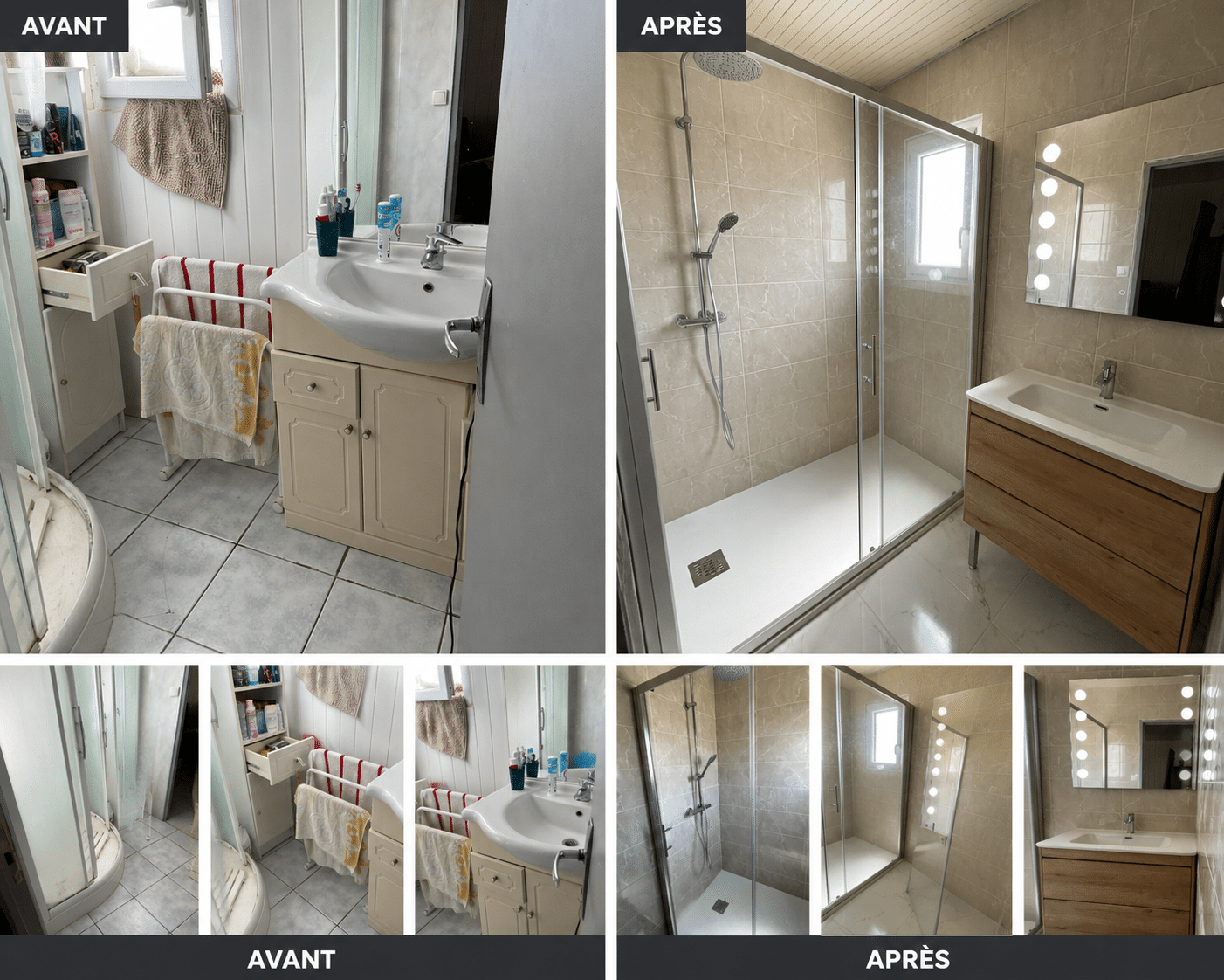 Rénovation Salle de Bain : Avant-Après Moderne et Design Rénovation salle de bain Avant/Après : passage d'une déco désuète à une douche moderne et meuble bois.