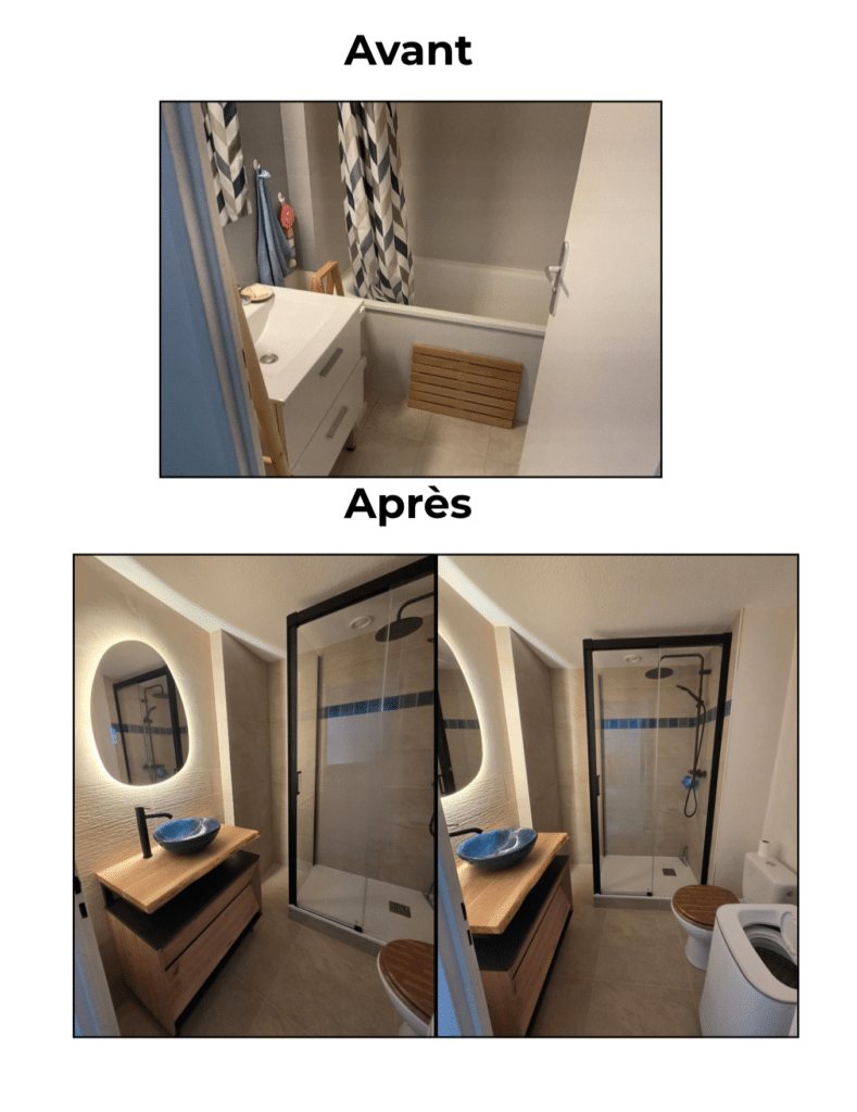 Avant/Après rénovation salle de bain : remplacement baignoire par douche italienne, miroir rétroéclairé et vasque bleue.