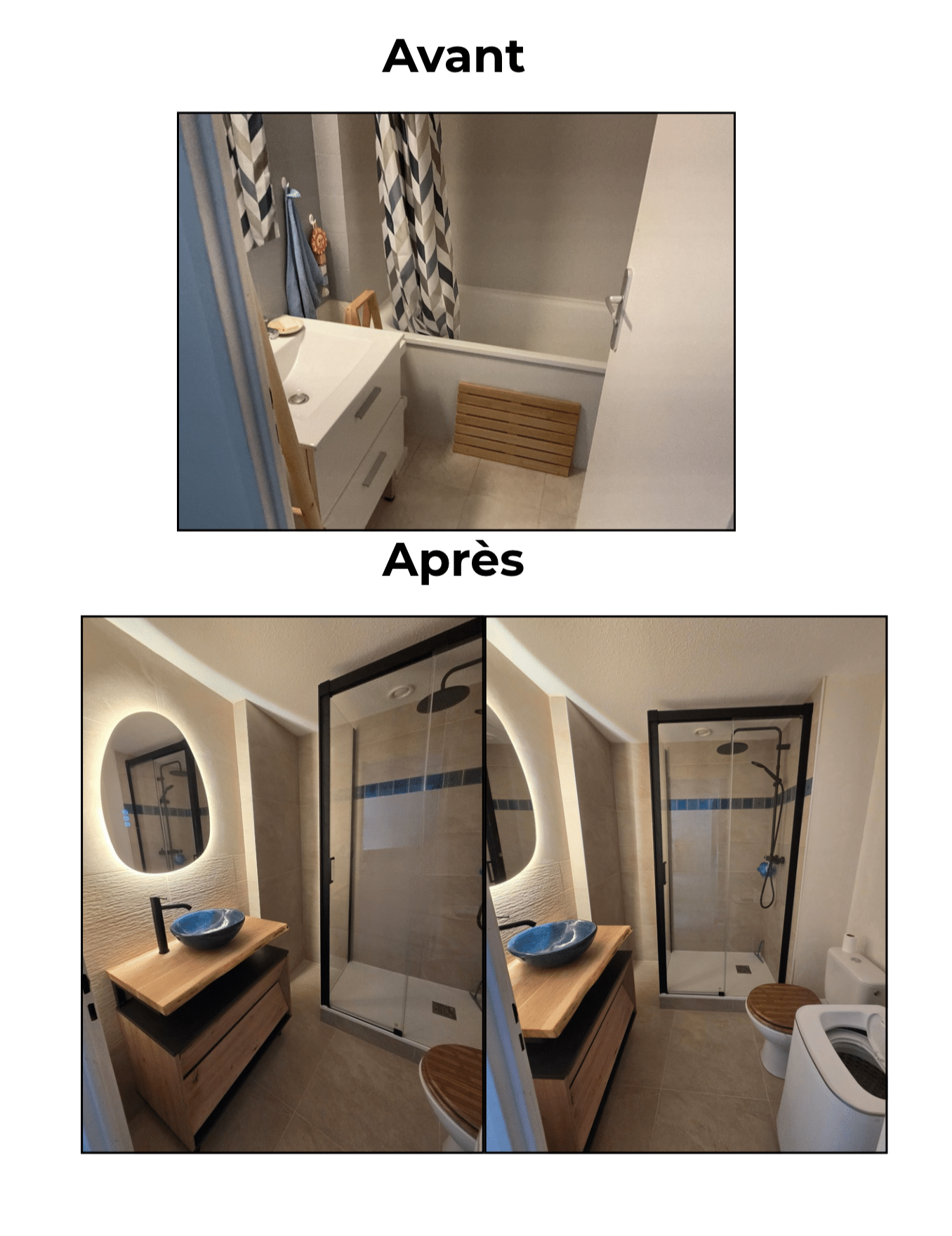 Avant Après : Rénovation salle de bain moderne et design Avant/Après rénovation salle de bain : remplacement baignoire par douche italienne, miroir rétroéclairé et vasque bleue.